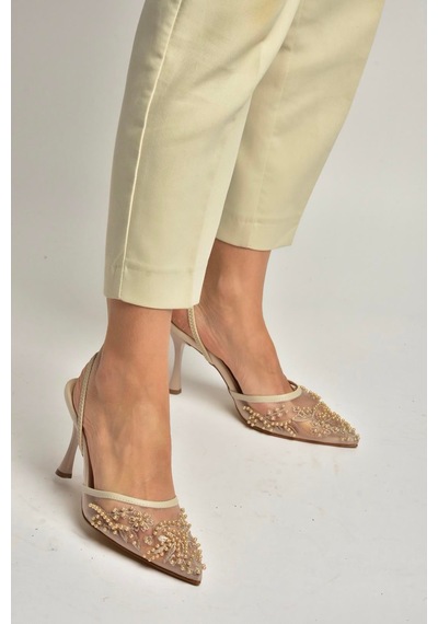 Fox Shoes Y726462415 Bej File Boncuk İşlemeli İnce Topuklu Ayakkabı Bej