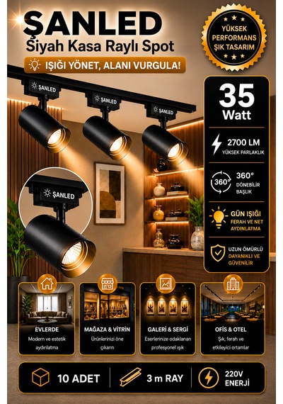 Led Siyah Kasa Gün Işığı 35w Raylı Spot / 10 Adet 3 Metre Ray