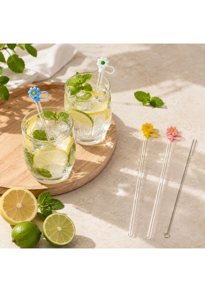 Çiçek Figürlü 4'lü Cam Pipet - Renkli Çok Renkli