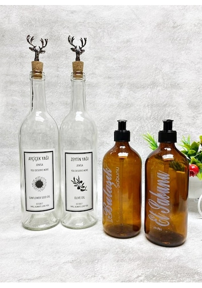 Geyik Mantar Tıpalı Şeffaf Şişe 750ml Yağlık 2li 500ml Amber Sabu