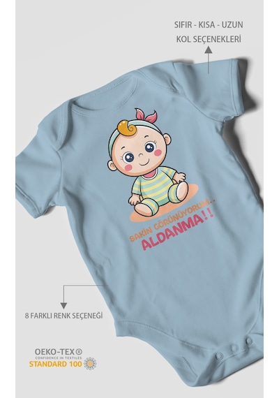 Sakin Görünüyorum Aldanma V2 Baskılı Bebek Zıbını Çıtçıtlı Body %100 Pamuk Kısa Kol Bebe Mavisi