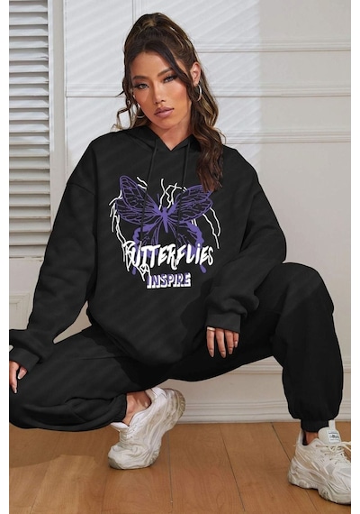 Uyguntarz Unisex Butterfly Baskılı Eşofman Takımı Siyah