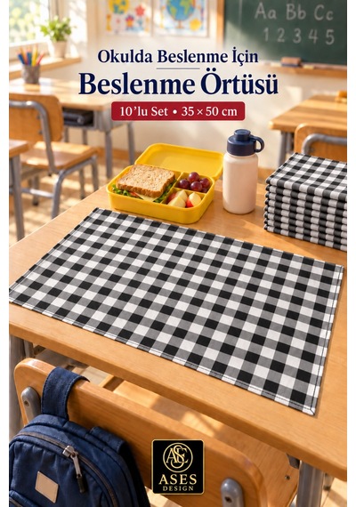 10 Lu Yıkanabilir Beslenme Örtüsü 35x50 Cm Siyah Beyaz Kareli Anaokulu Ve İlkokul