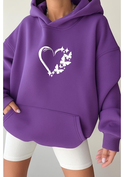 Kalp Unisex Kapüşonlu Sweat Mor