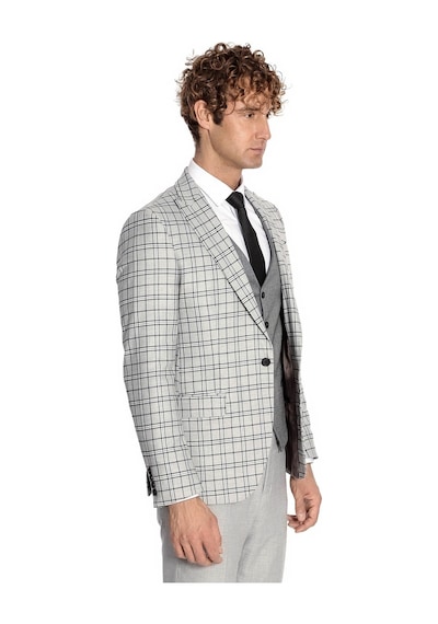 Wessi Gri Yelekli Slim Fit Ekose Açık Gri Erkek Takım Elbise Açık Gri