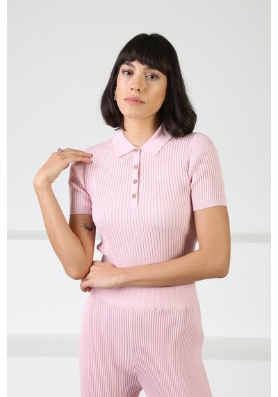 Ferraro Pembe Kadın Polo Yaka Kısa Kol Fitilli Viskon Triko Bluz Pembe