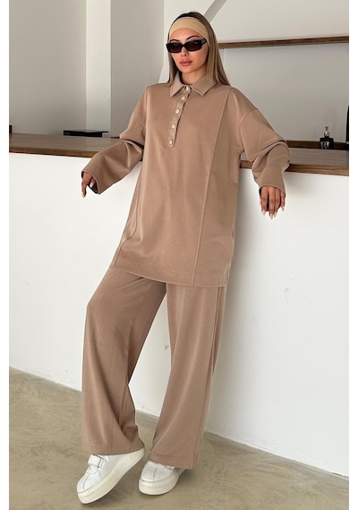 Olcay Gömlek Yaka Premium Örme Kumaş Tunik Pantolon Takım Kamel 9374-tk
