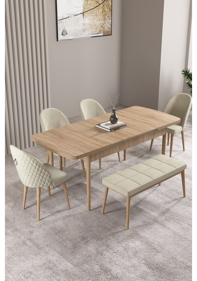 Milas Meşe Desen 80x132 Mdf Açılabilir Mutfak Masası Takımı 4 Sandalye, 1 Bench Krem Milas Meşe Desen 80x132 Mdf Açılabilir Mutfak Masası Takımı 4 Sandalye, 1 Bench Krem