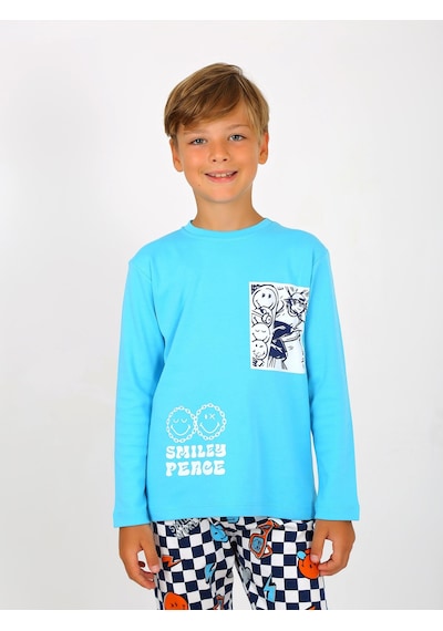 Vitmo Erkek Çocuk Uzun Kollu Pamuklu Pijama Takımı Peace Turkuaz