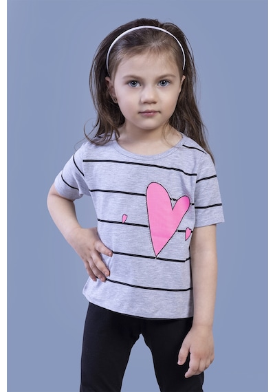 Toontoy Kids Toontoy Kız Çocuk Çizgli Kalp Baskılı Taş İşlemeli Tişört Gri Melanj