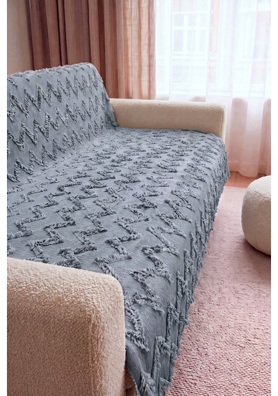 Şönil Koltuk Örtüsü 175x210 Cm Zikzak Desenli Sakallı Çekyat Örtüsü Gri Gri