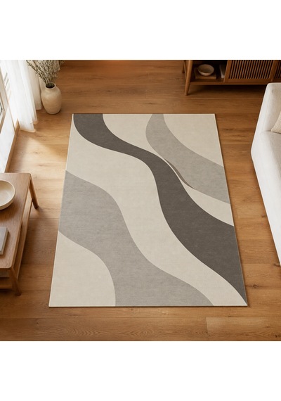 Kartela Halı Akış Dalgalı Modern Halı Açık Gri Kaymaz Taban Makinede Yıkanabilir 100x150 Cm