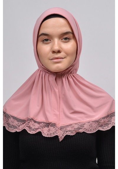 Altobeh Dantelli Lastik Büzgülü Tela Bantlı Çıtçıtlı Hazır Türban Kadın Pratik Eşarp - Pembe