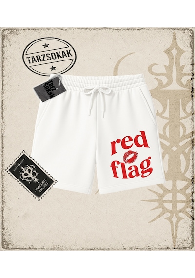 Tarzsokak Gotik & Grunge Streetwear Red Lıps Flag Unisex Şort Beyaz