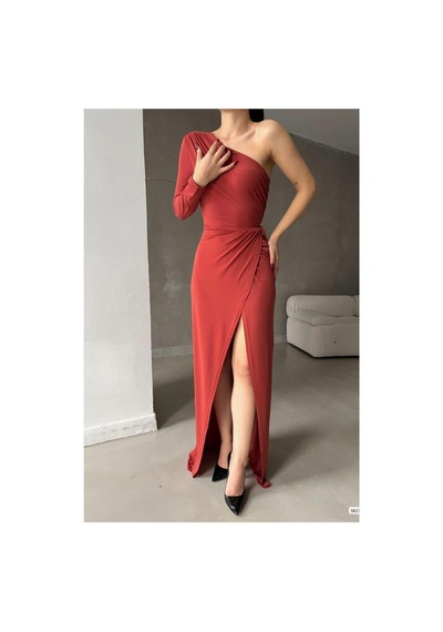 DefyModa Kadın Saten Kumaş Tek Omuz Dekolteli Maxi Abiye Elbise Kiremit