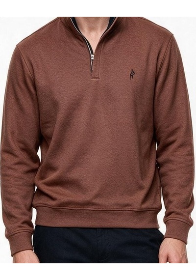 Legato Erkek Dik Yaka Yarım Fermuarlı Pamuk Karışımlı Uzun Kollu Sweatshirt Kiremit