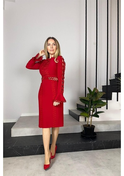 Ges Moda G0500 Güpür Detaylı Tasarım Elbise Kırmızı-kırmızı