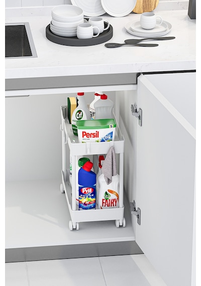 Beyaz 2 Katlı Tekerlekli Düzenleyici Mutfak Ve Banyo Rafı