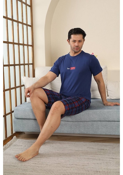 Seboteks %100 Pamuklu Kısa Kollu Cepli Erkek Şortlu Pijama Takımı 2015 İndigo