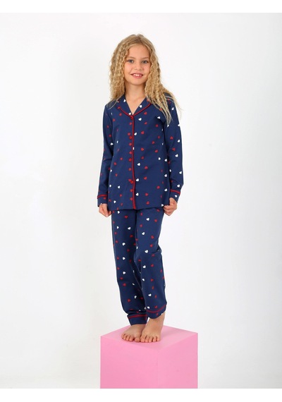 Kız Çocuk Uzun Kollu %100 Pamuklu Düğmeli Pijama Takımı Lovely Lacivert