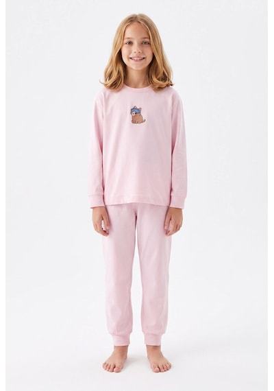 Bunny Hopp Kız Çocuk Uzun Kollu Pijama Takımı %100 Pamuk Pembe Kedi Desenli Penye