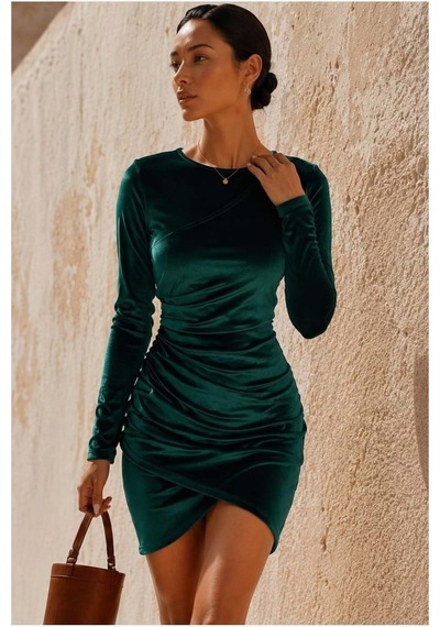 Lior Design Kadın Hediyelik Kadife Kumaş Bisiklet Yaka Mini Abiye Elbise Zümrüt