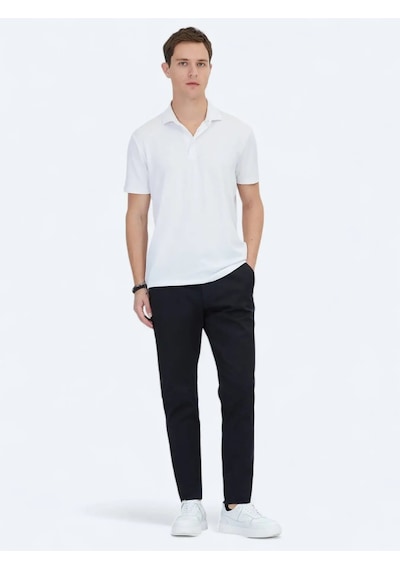 Kip Beyaz Jakarlı Polo Yaka T-shirt Beyaz