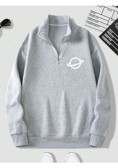 Harmandar Gri Erkek Saturn Baskılı Dik Yaka Yarım Fermuarlı Kazak Sweatshirt Saturngridikyaka