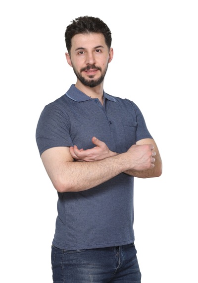 Kzctekstil Erkek Baba Ve Orta Yaş Penye Tişört Yakalı Cepli Jakarlı Desenli Kumaş Klasik Kesim Mavi