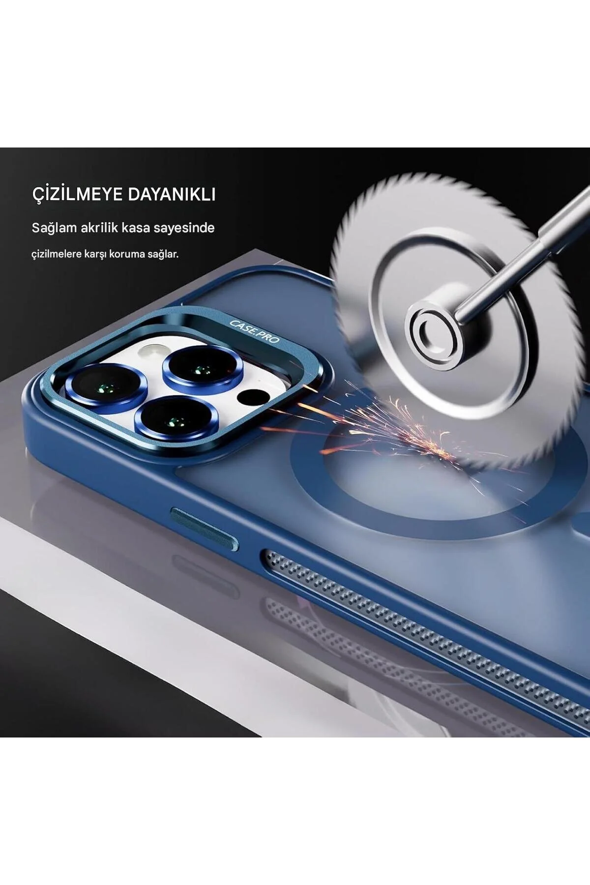 İphone 14 Pro Uyumlu Magsafe Kılıf Mıknatıslı Standlı Darbeye Dayanıklı Mat Şeffaf Arka Kapak Lens li Lacivert