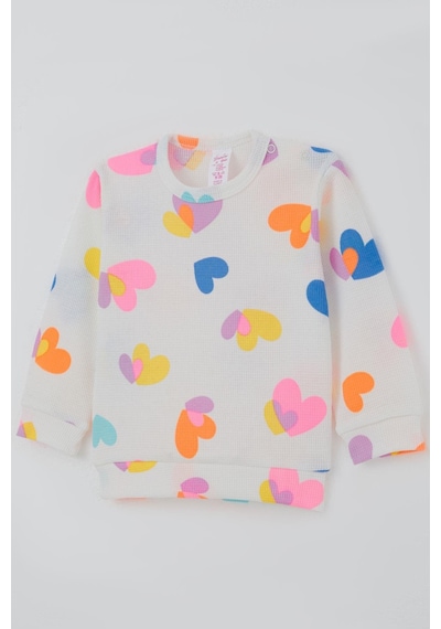Breeze Kız Bebek Pijama Takımı Omuzdan Patlı Renkli Kalp Desenli 4 Ay-1 Yaş, Beyaz Beyaz