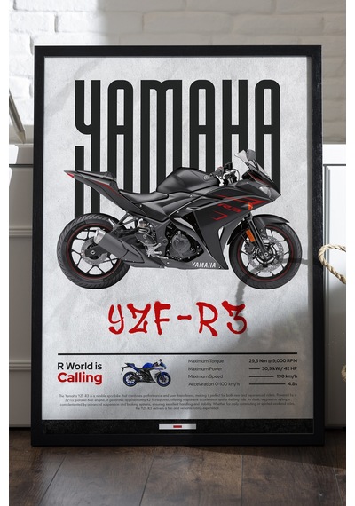 Yamaha Yzf-r3 Siyah Ahşap Çerçeveli Poster, Dekoratif Motosiklet Duvar Tablosu