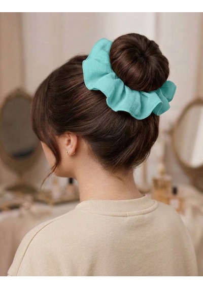 Handmade Çift Dikişli Xl Scrunchie Saç Tokası Turkuaz