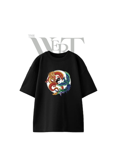 Thewert Dragon Phoenix Yin Yang Tasarım Baskılı Ünisex Siyah Oversize T-shirt