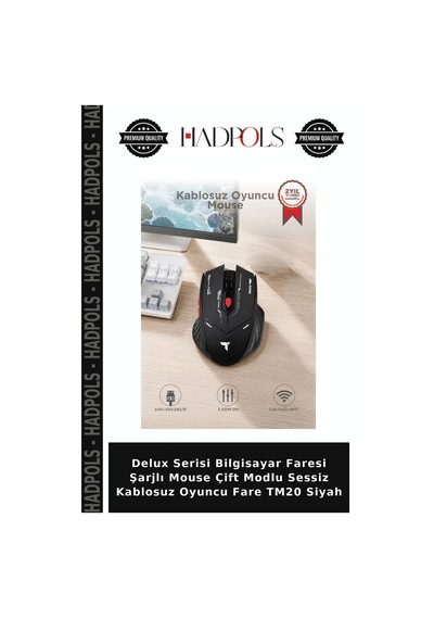 Delux Serisi Bilgisayar Faresi Şarjlı Mouse Çift Modlu Sessiz Kablosuz Oyuncu Fare Tm20 Siyah