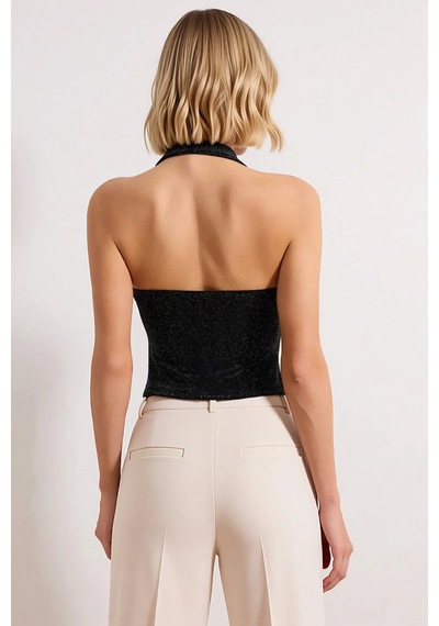 Benerly Kadın Örme Bluz Halter Yaka Kare Kesim Kalın Askılı Fitted Kolsuz siyah