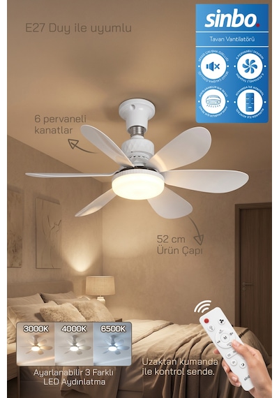 Sf-7708 3 Led Aydınlatmalı Sessiz Tavan Vantilatörü Kumandalı 6 Kanatlı