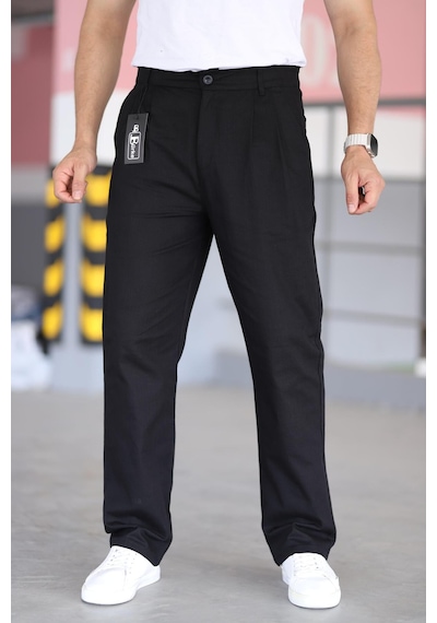 Bürke Çift Pileli Siyah Renk Beli Yarım Lastikli Kaliteli Rahat Kesim Keten Baggy Pantolon