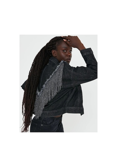 Zdnjeans Püskül Detaylı Antrasit Crop Denim Ceket