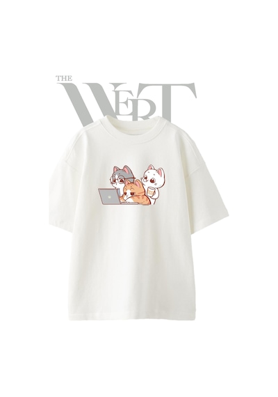 Thewert Cizgi Kediler Tasarım Baskılı Ünisex Beyaz Oversize T-shirt