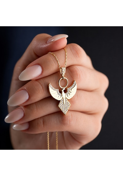 Premium Parlak Ve Şık Gold Renk Zirkon Taşlı Anka Kuşu Kadın 925 Ayar Gümüş Kolye 45 Cm