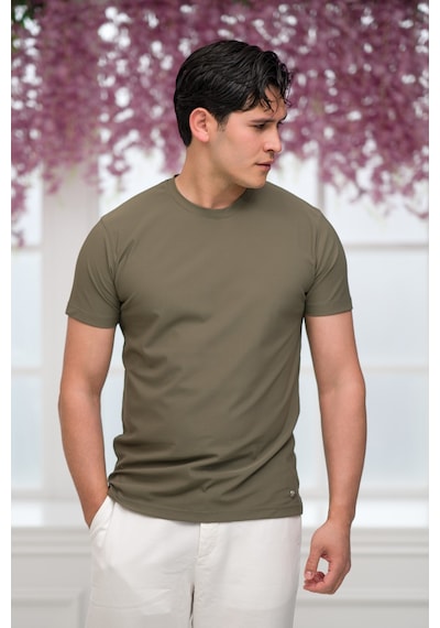 Paul Martin Slimfit Lyocell Kumaş Likralı Küçük Armürlü Bisiklet Yaka T-shirt Haki