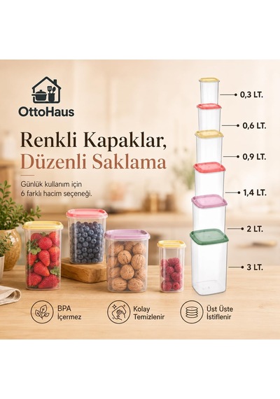6 Lı Saklama Kabı Seti, İç İçe Geçebilen Şeffaf Mutfak Düzenleyici, Renkli Kapaklı Erzak Ve Gıda Saklama Kapları, 0,3 L 3 L, Toplam 8,2 L