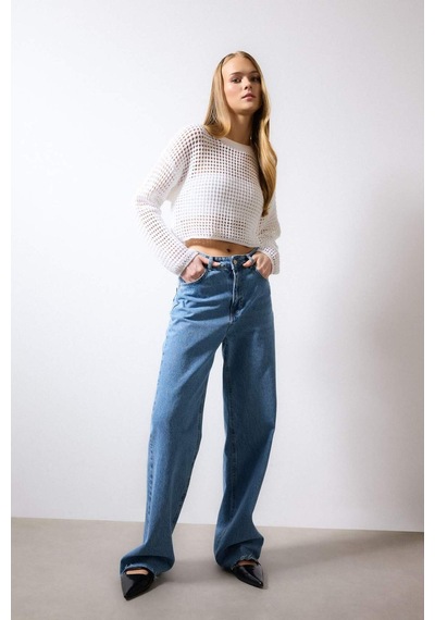 Defacto Regular Fit Bisiklet Yaka Kroşe Ajurlu Delikli Crop Triko Kazak T4513AZ24AUER103 Ekru