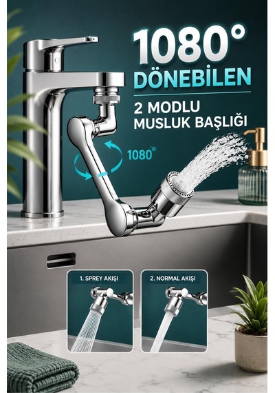 1080 Derece Dönebilen 2 Modlu Mutfak Musluk Başlığı Banyo Musluk Ucu Evrensel Fonksiyonlu Başlık Gümüş
