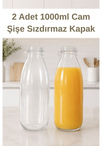2 Adet 1000ml Sızdırmaz Kapaklı Şeffaf Cam Süt Ayran Limonata Meşrubat İçecek Şişesi