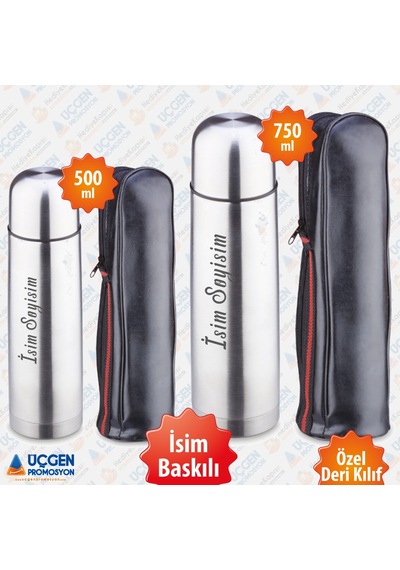 500-750ml Fermuarlı Deri Kılıflı Metalik Gri Termos 750Ml