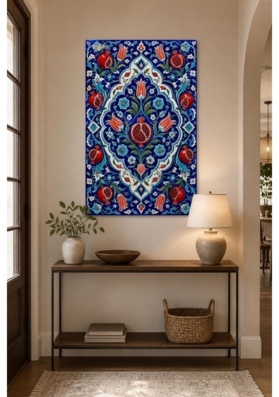 Osmanlı Çini Desenli Baskılı Cam Tablo Nar Ve Lale Motifli Uv Baskı Duvar Dekoru