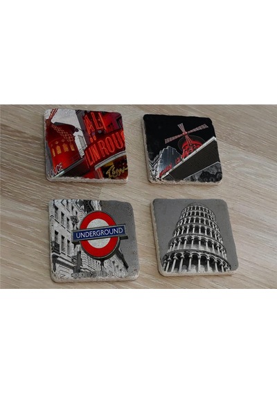 Moulin Rouge Pisa Kulesi Ve Londra Metro Girişi Doğal Taş Bardak Altlığı 4'lü Set - Natural Stone Coasters - Taş Çok Renkli