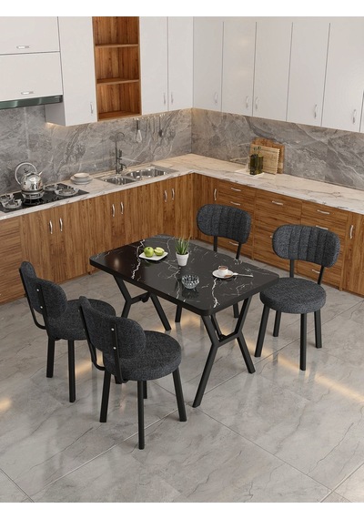 Azra 70x110cm Bendir Mutfak Masası, Mutfak Masası Takımı, Yemek Masası, 4 Antrasit Sandalye Antrasit